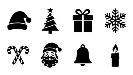 Christmas icon set with 8 black silhouettes, festive holiday vector elements, Santa Claus and winter symbols for seasonal greeting cards and web design © Khalilur