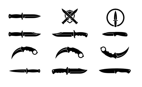 Tactical combat knife silhouettes, 12 military dagger and karambit icons, black steel blade weapon set for gaming and security logos