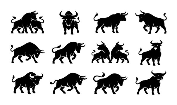 Powerful bull silhouettes set, collection of 12 black buffalo and ox vector icons, aggressive charging bull mascot logos for finance and sports branding