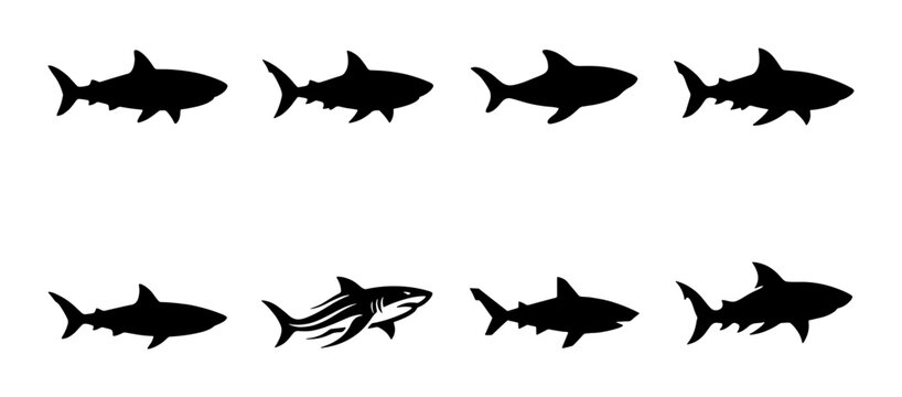 Shark silhouette vector icons set, black predatory fish shapes collection, 8 marine animal symbols for logo design and nautical branding