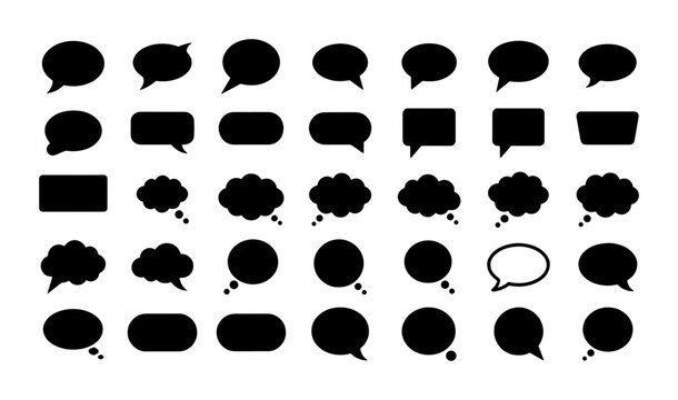Black speech bubble icons set, 35 comic chat clouds and thought bubbles vector, minimalist talk balloon silhouettes for social media and messaging