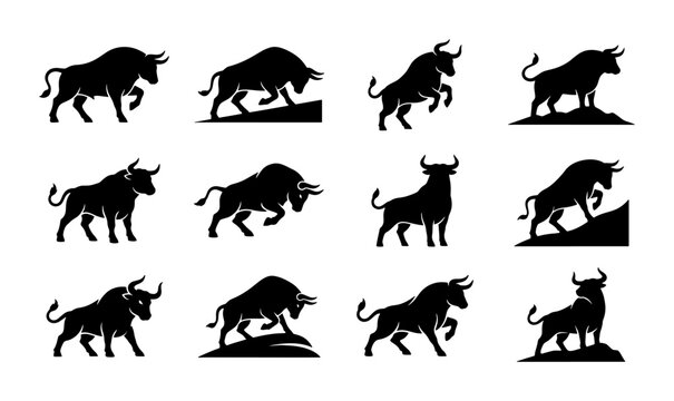 Bull silhouette vector set, 12 powerful ox and buffalo icons, black charging bull mascot collection for finance and sport branding
