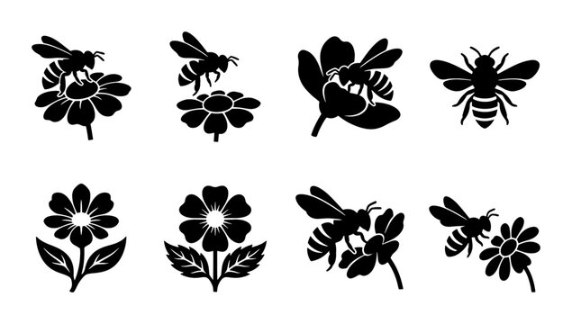 Honey bee and flower silhouette icons, black bumblebee pollinating garden blossoms, set of 8 vector insect and floral graphics for nature branding