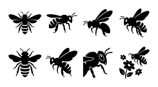 Honey bee silhouette icons, set of 8 black bumblebee vector graphics, flying insect stencils for honey packaging and organic farm branding