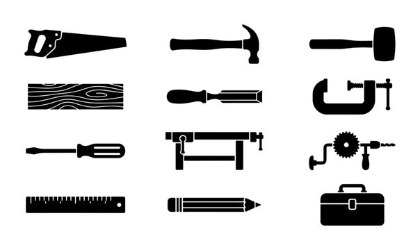 Woodworking hand tools icon set, black silhouette carpentry equipment collection, 12 vector elements for joinery and DIY construction projects