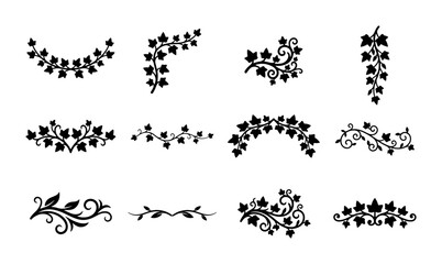Vintage ivy leaf border set, black floral vine silhouettes, 12 decorative botanical dividers and corner elements for wedding invitations and stationery © Mouri