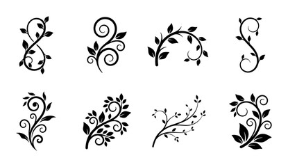 Elegant floral swirl ornaments set, black decorative vine silhouettes with leaves, 8 vector filigree scroll elements for wedding invitation design © Mouri