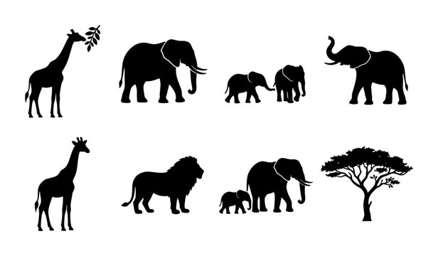 African safari animal silhouettes, black wildlife vector set with elephants, giraffes, lion and acacia tree, 8 nature elements for logo design