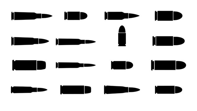 Ammunition bullet silhouette icons, set of 15 black gun cartridge vectors, firearm ammo caliber symbols for shooting and military graphics