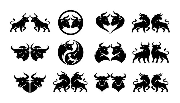 Bull logo collection, 12 black silhouette bull icons, minimalist taurus zodiac symbols, aggressive buffalo and ox head vector set for branding