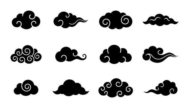 Traditional Chinese clouds vector set, black oriental cloud silhouettes with swirl patterns, 12 decorative asian cloud icons for lunar new year