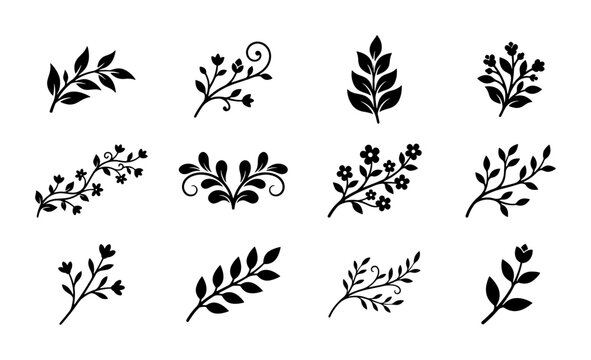 Minimalist floral branch silhouettes, set of 12 black botanical leaf icons, elegant hand drawn flower sprigs and foliage vector elements for wedding stationery