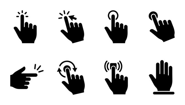 Minimalist hand cursor icon set, black pointer finger silhouettes, 8 touch screen gesture symbols for web interface and mobile app navigation