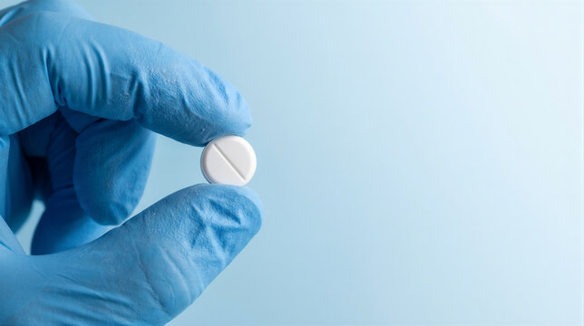 A close up view of a hand in a blue medical glove holding a white round pill against a light blue background, representing the pharmaceutical industry and pain relief treatment.