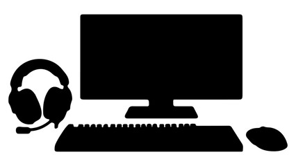 Black Desktop Computer Workstation Silhouette with Monitor Keyboard Mouse and Headset Isolated on Transparent Background © MDALAMGIR
