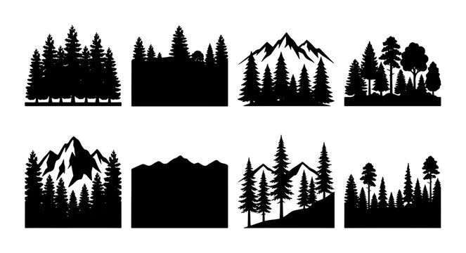 Black pine forest silhouettes, mountain landscape vector set, evergreen tree wilderness icons, minimalist nature outdoor adventure graphics