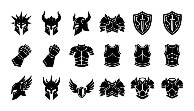 Medieval knight armor icons set, fantasy warrior equipment silhouettes, 18 black vector elements including helmets, shields, and chest plates
