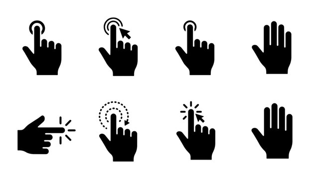 Minimalist hand cursor icon set, black silhouette touch gestures for web design, 8 vector finger click and tap symbols for mobile app interface