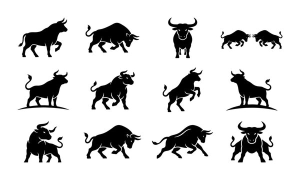 Bull silhouette vector set, 12 powerful ox and buffalo icons, black cattle mascot collection for finance and sports branding, charging bull graphics