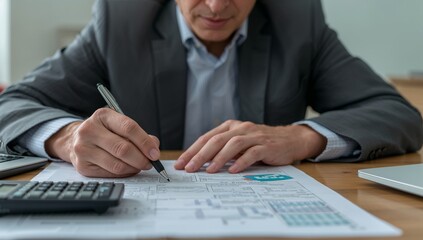 Obraz premium A person is writing a business document at office desk 