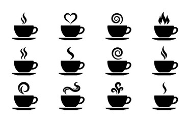 Obraz premium Minimalist coffee cup icons set, black silhouette hot drink mugs with steam, 12 vector beverage symbols for cafe menus and branding