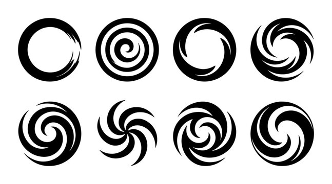 Abstract spiral swirl icons set, black circular vortex shapes, 8 minimalist geometric whirlpool vector elements for logo design and branding