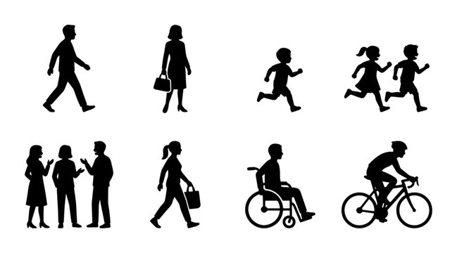 Black silhouette people icons set, diverse pedestrian figures walking and running, inclusive community silhouettes with wheelchair user and cyclist