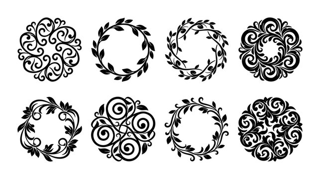 Vintage ornamental circular frames, set of 8 black filigree wreaths and mandalas, elegant floral scroll borders for wedding invitations and branding