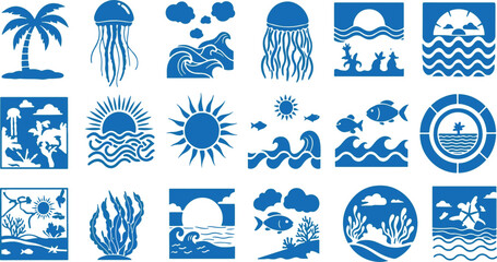 Vibrant collection of ocean and beach-themed retro graphic illustrations © Sadman Art