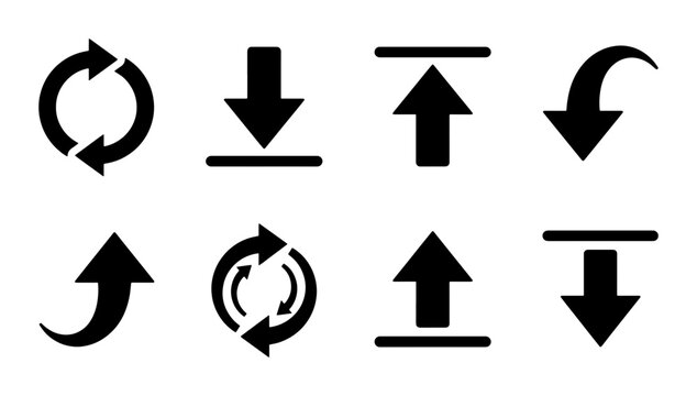 Minimalist black arrow icon set, flat vector navigation symbols for web design, download and upload directional signs, circular refresh and sync buttons
