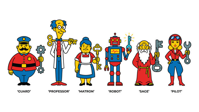 Diverse Cartoon Characters: Guard, Professor, Matron, Robot, Sage, Pilot with Keys and Tools. Vector Illustration.