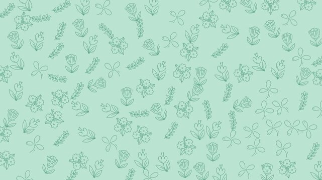 Seamless mint green background with delicate hand drawn floral sprigs repeating across the frame ideal for wallpaper, fabric, stationery and packaging