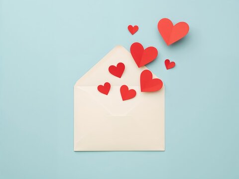 A romantic envelope with hearts spilling out, conveying love and affection. The hearts are red, symbolizing passion, and the envelope is white, representing purity. A delightful.