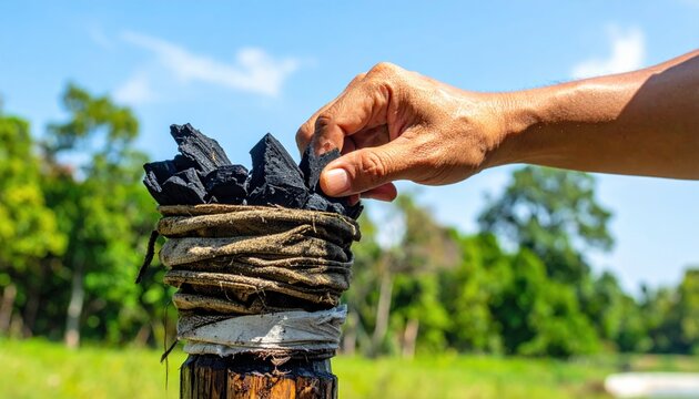 A hand meticulously adds charcoal pieces to a primitive water filter constructed from layered cloth outdoors, highlighting resourceful purification methods.