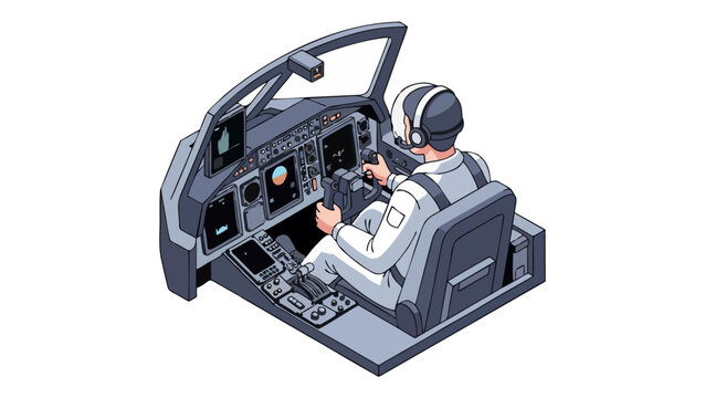 Isometric Airplane Cockpit Illustration with Pilot Operating Controls