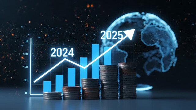 Digital visualization of global economic growth and financial data, featuring a bar chart with an upward trend line, stacked coins, and a glowing Earth, symbolizing investment, market analysis, and...