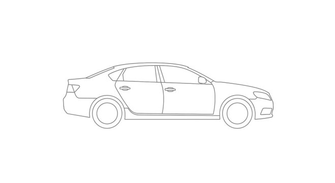 Detailed side view line drawing of a four-door sedan