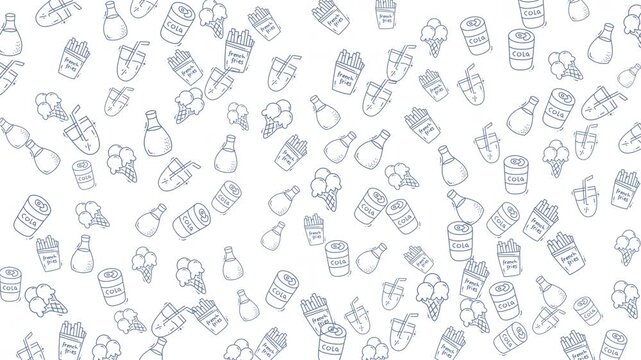 Loopable seamless vector pattern of hand-drawn fast food icons in blue line art on white, perfect for packaging, wallpaper, web backgrounds and food branding
