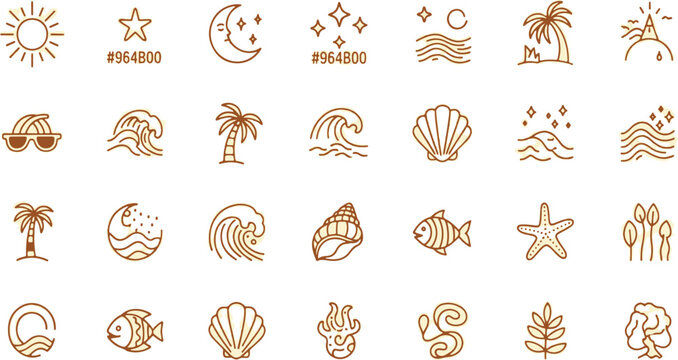 Colorful tropical and beach-themed doodle icon collection with various elements
