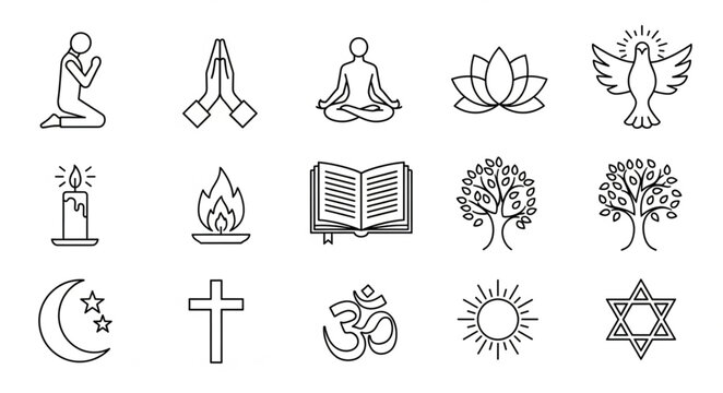 Collection of Religious and Spiritual Symbols Icons.