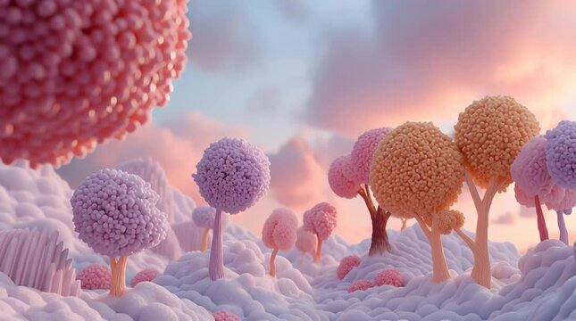 Plush pastel whimsical landscape with spherical tree spheres and soft cloud sunset merging pastel candy like trees dotting soft cloudlike landscape