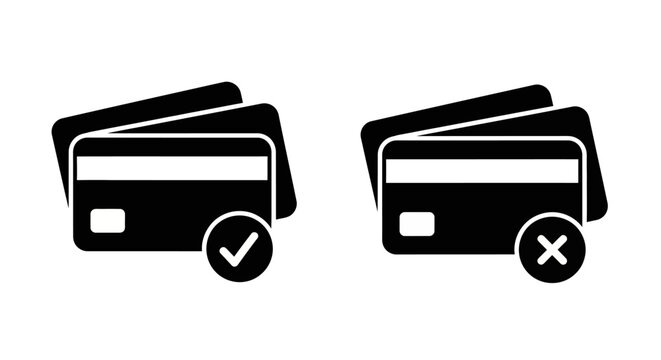 Credit card payment status vector icons Approved and declined financial transactions with checkmark and cross symbols for secure online purchases and banking