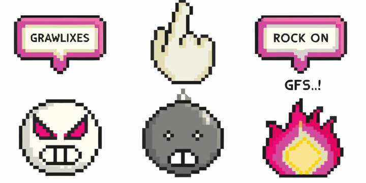Pixel art icons depicting rude gestures faces and explosive imagery