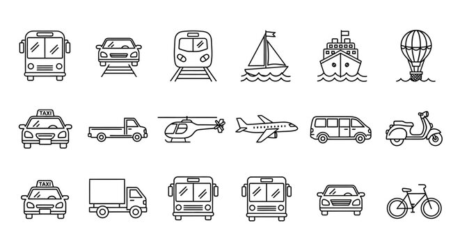 Set of various transportation icons, including cars, trains, boats, and aircraft, for design and web projects