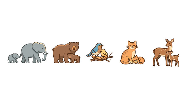 Cute animal families with their young offspring are depicted in a charming cartoon style, illustrating the bond between parents and babies.