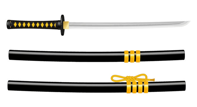 Japanese katana sword with black scabbard, traditional samurai weapon vector, realistic steel blade with gold accents and saya sheath