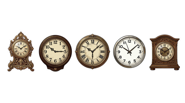 Five different vintage and modern clocks displayed in a row, showcasing various styles from ornate antique designs to simple contemporary timepieces.