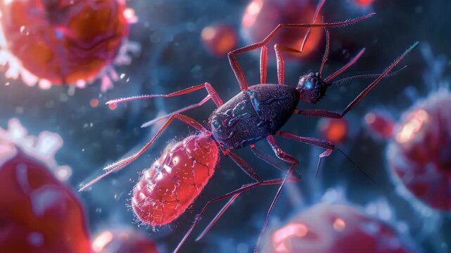 Red-bellied tick moves through blurred red cells. Dense, dark legs contrast bright abdomen. Microscopic environment pulses with organic color. No plant or animal species identified