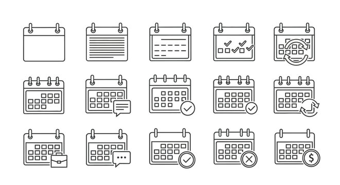 Minimalist calendar line icon set, 15 business schedule and planning vector elements, thin stroke organizer icons for project management and appointment booking