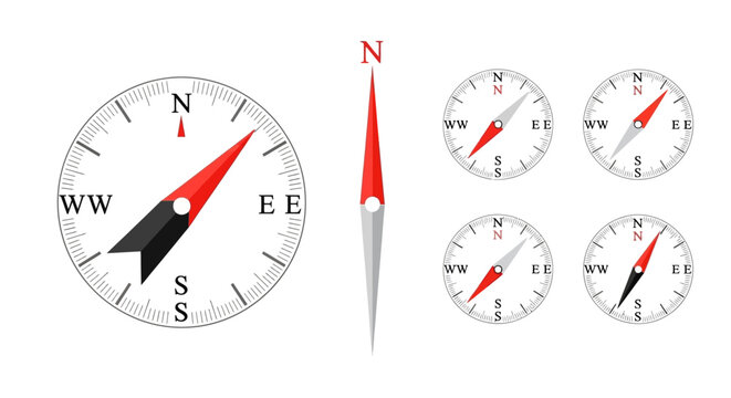 Magnetic compass icon set with red needle, navigation directional arrows for travel and maps, realistic vector dial showing north south east west